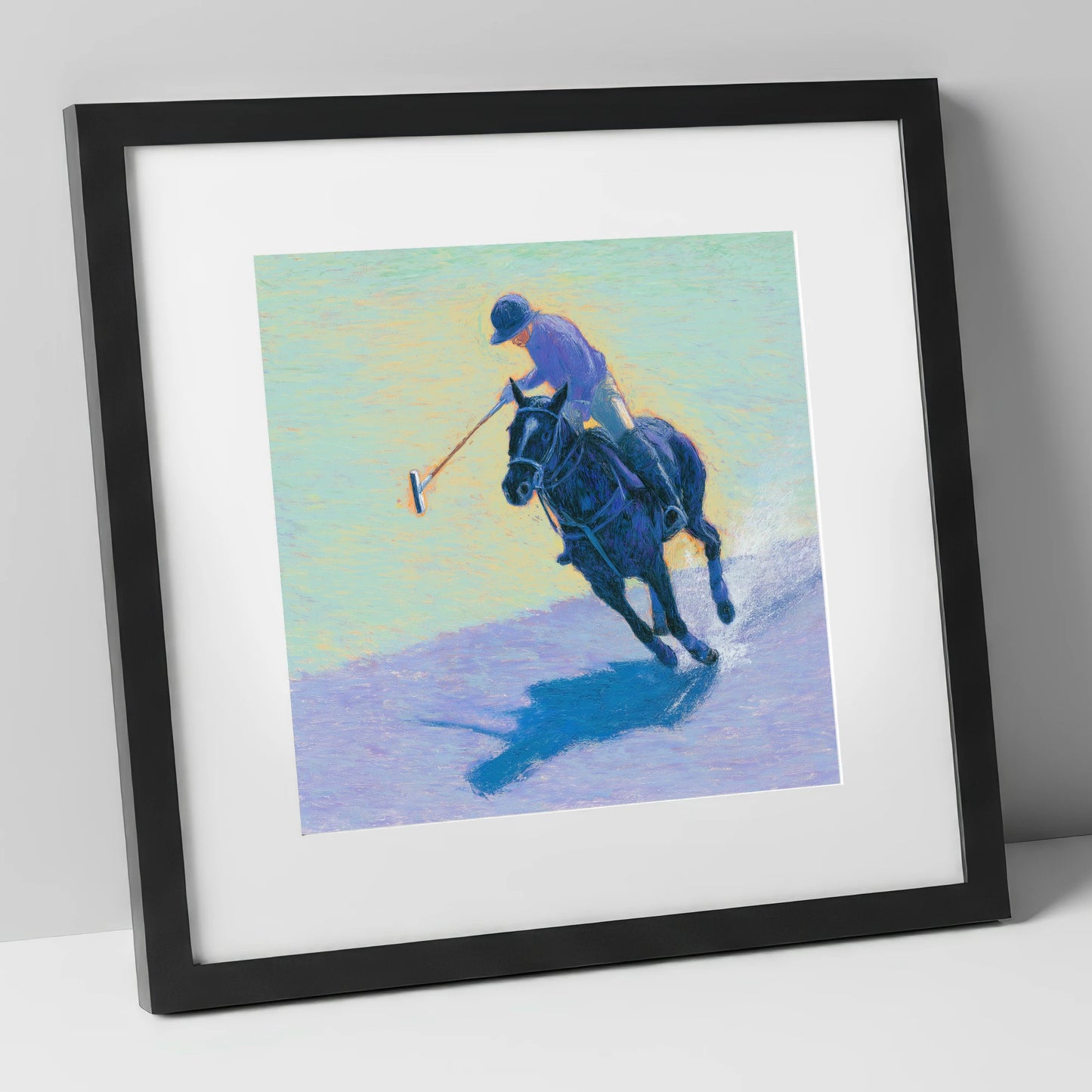The Indigo Chukka polo horse art print in black frame
