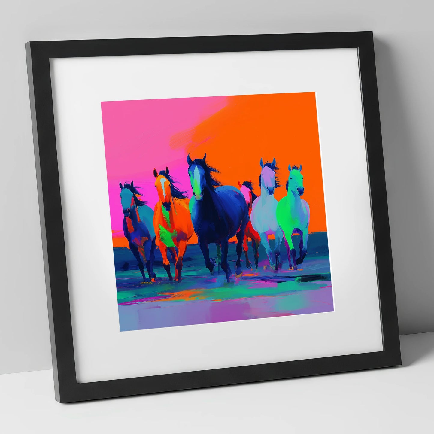 Technicolour Charge wild horses art print in black frame