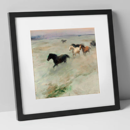 Through The Morning Mist wild horses art print in black frame