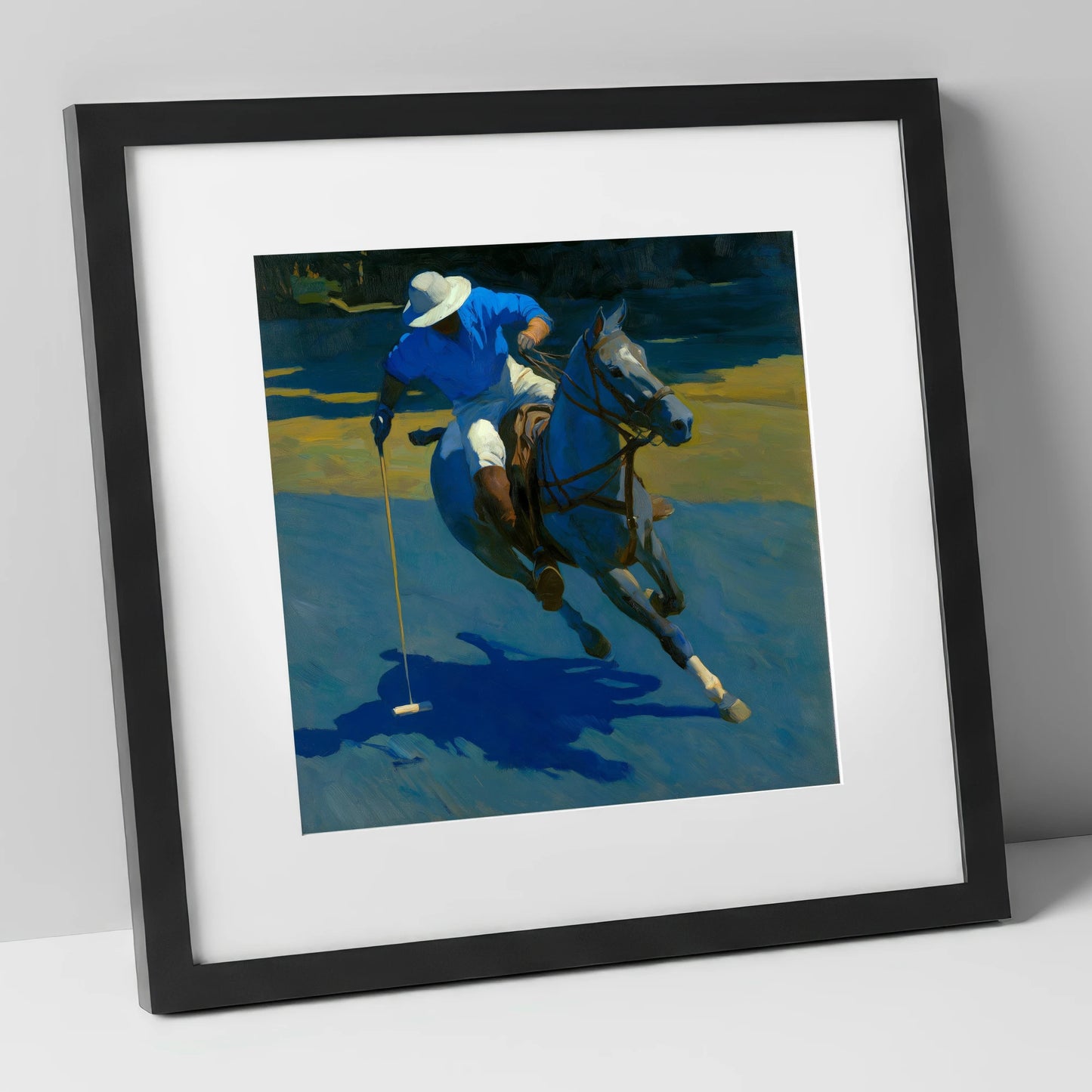 Sunlit Polo Run polo horse art print in black frame