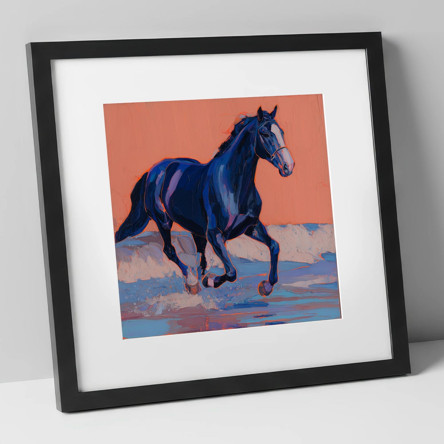 Vibrant Indigo Surf beach horse art print in black frame