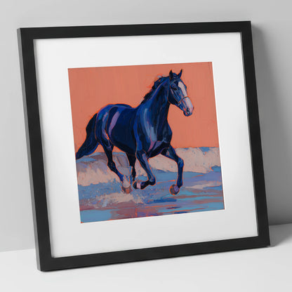 Vibrant Indigo Surf beach horse art print in black frame