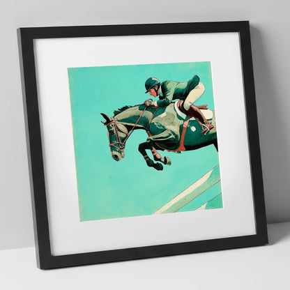 Mid-Air Mastery show jumping horse art print in black frame