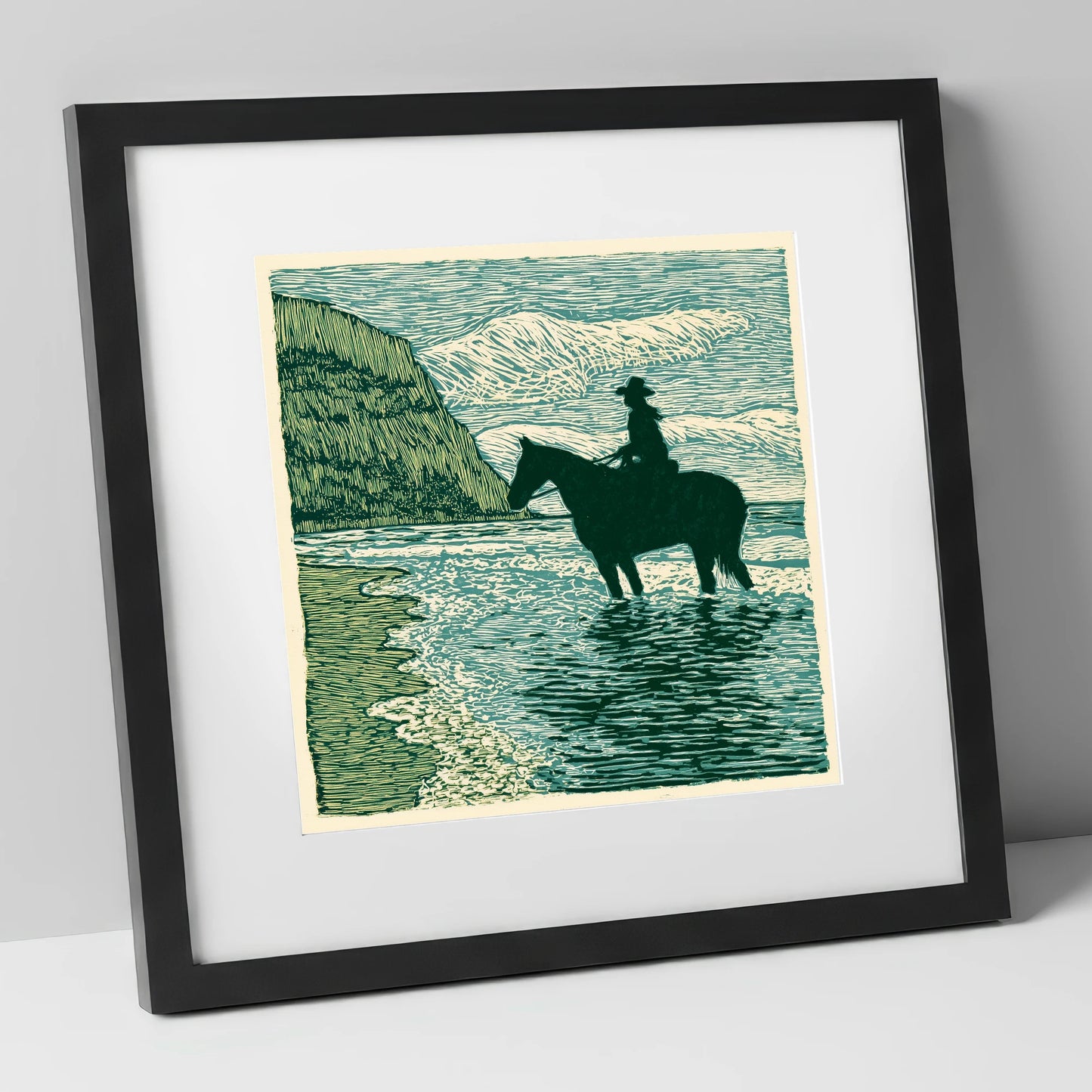 Edge of the Tide beach horse art print in black frame