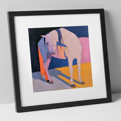 Vibrant Colour Block White Horse horse breed art print in black frame