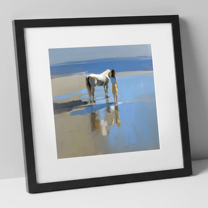 Reflections on the Shore horse & rider art print in black frame
