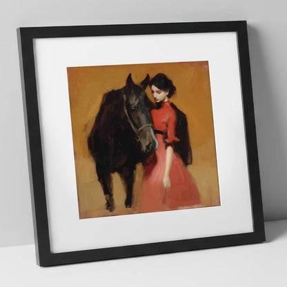 Crimson and Shadow horse & rider art print in black frame