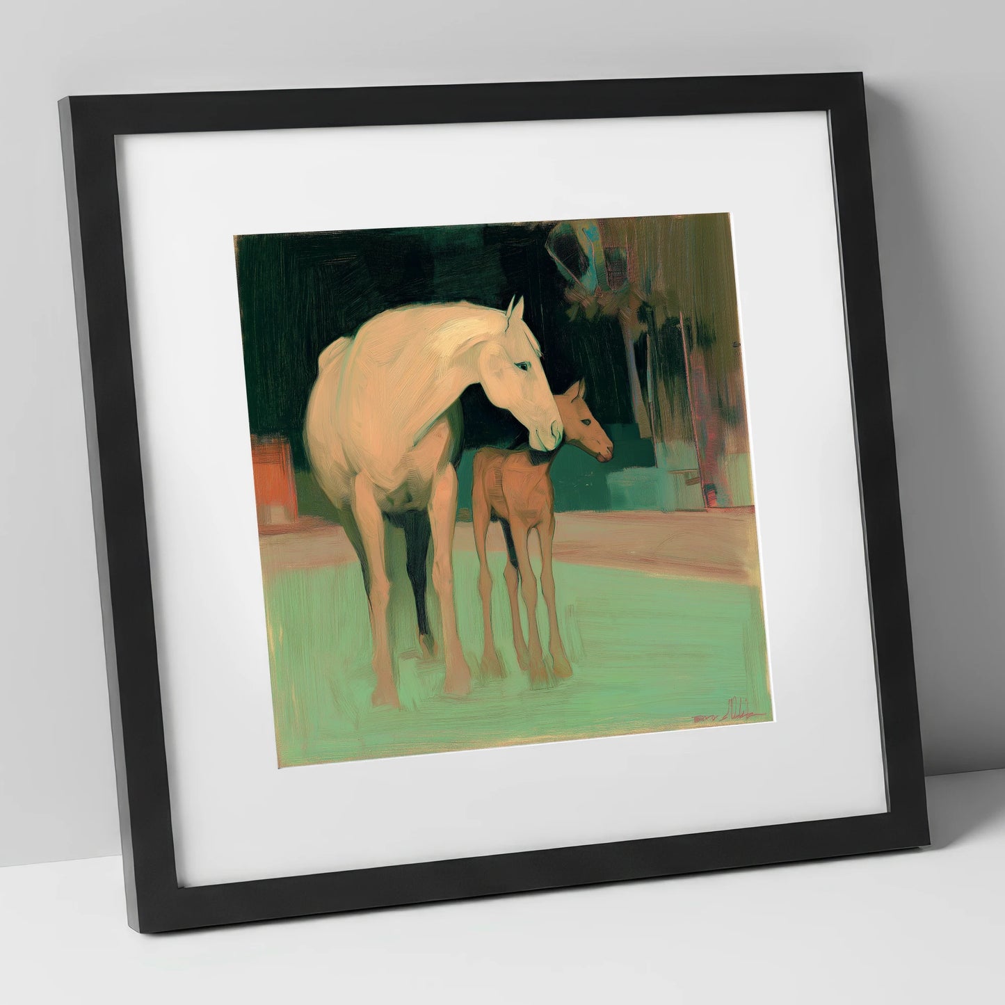 A Quiet Connection mare & foal art print in black frame