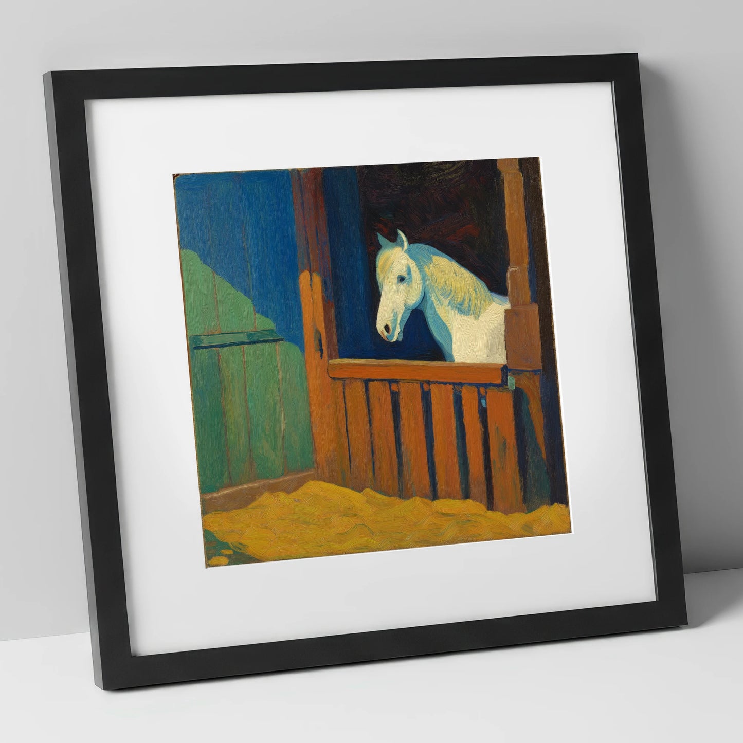 The Blue Shadowed Grey horse stable art print in black frame