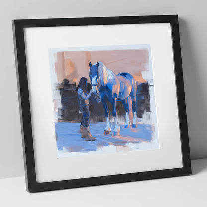 The Gentle Bond horse & rider art print in black frame