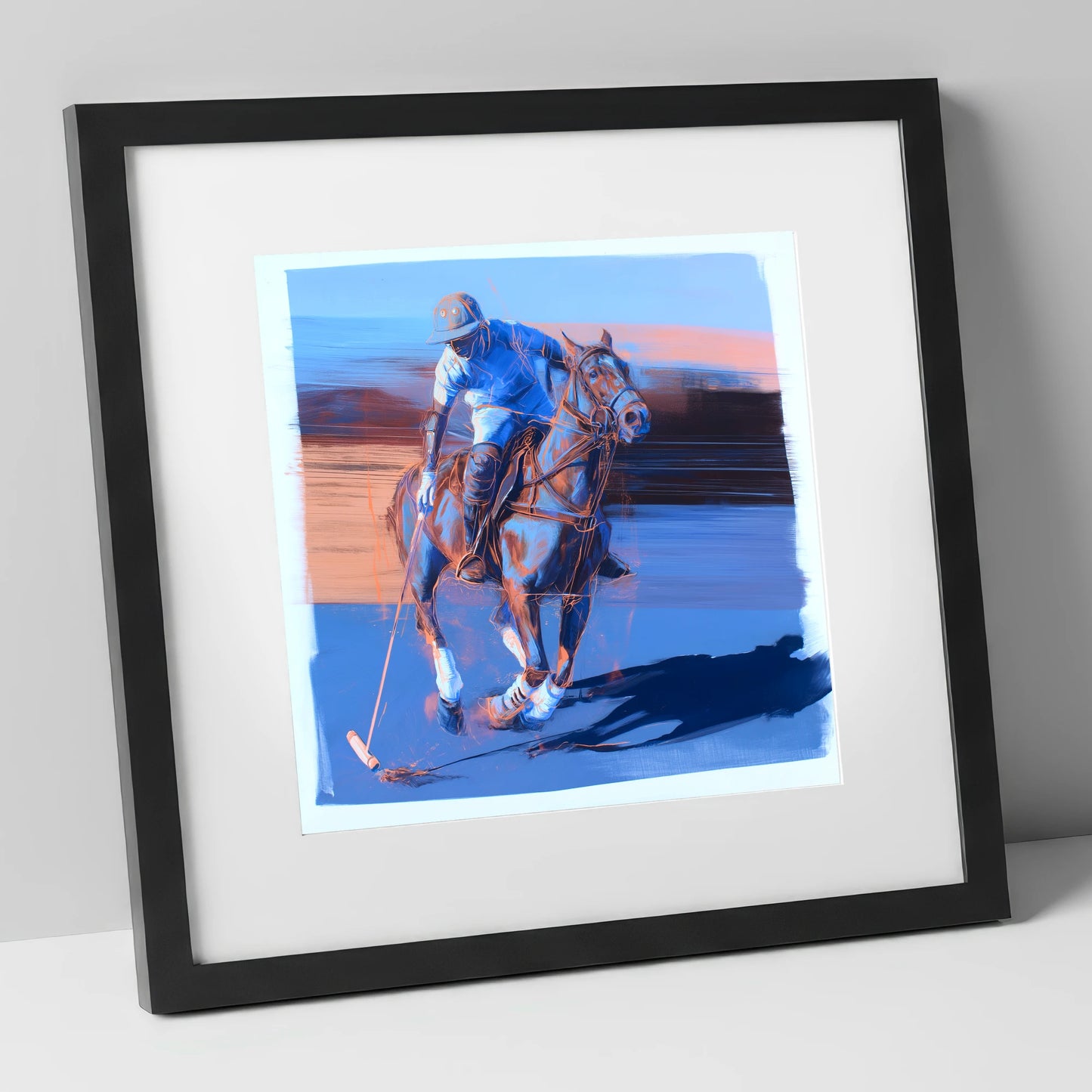 The Cobalt Chukka polo horse art print in black frame