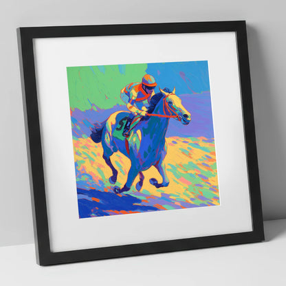 Technicolour Gallop racing horse art print in black frame