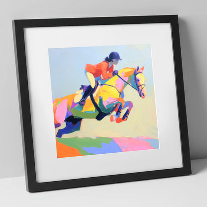 Chromatic Showjumper show jumping horse art print in black frame