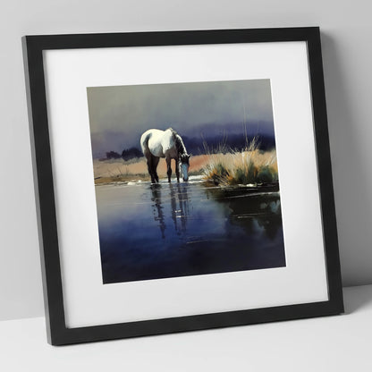 Indigo Reflections horse landscape art print in black frame