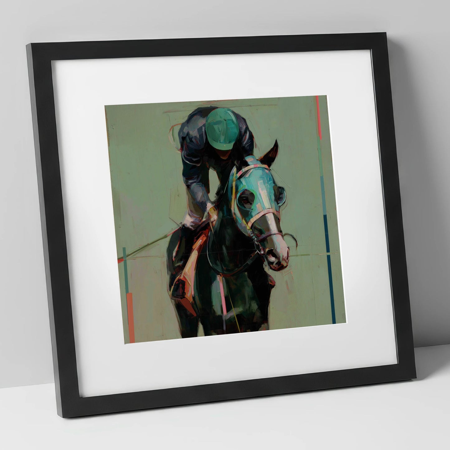 Blinkered Focus racing horse art print in black frame