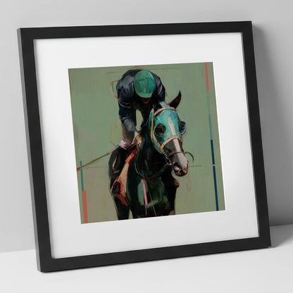 Blinkered Focus racing horse art print in black frame