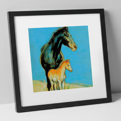 Cerulean Bond mare & foal art print in black frame