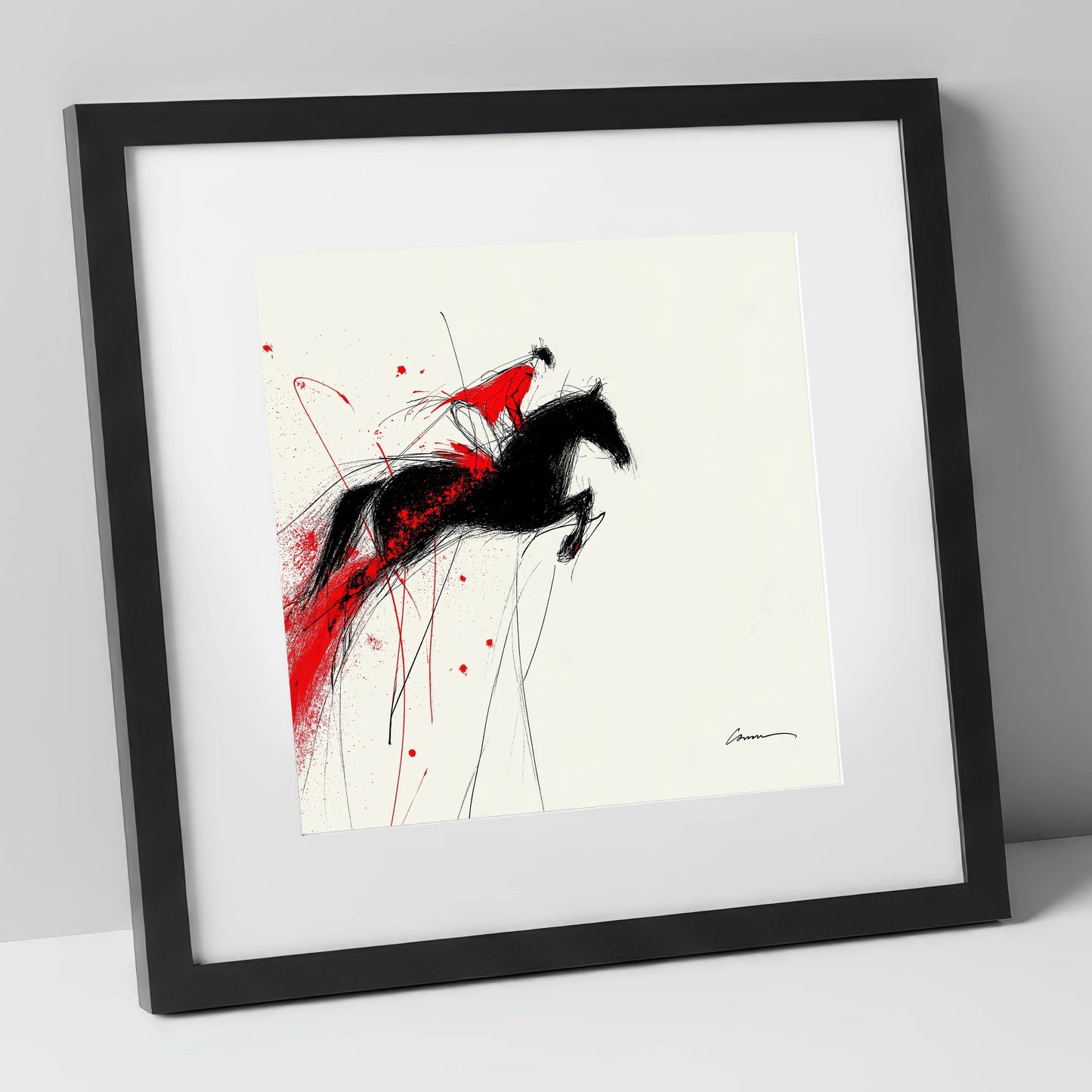 Crimson Flight show jumping horse art print in black frame
