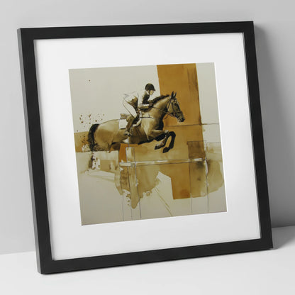 Airborne in Sepia show jumping horse art print in black frame