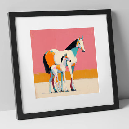 Vivid Painted Bond mare & foal art print in black frame