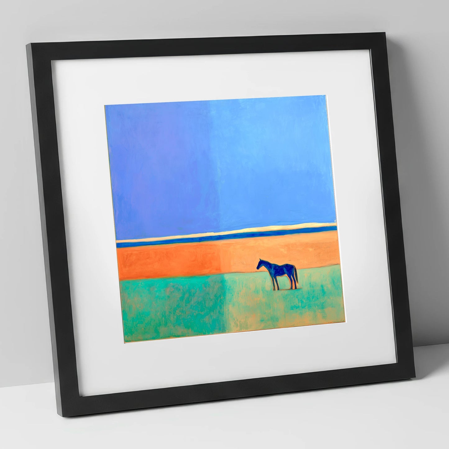 Cobalt Horizon horse landscape art print in black frame