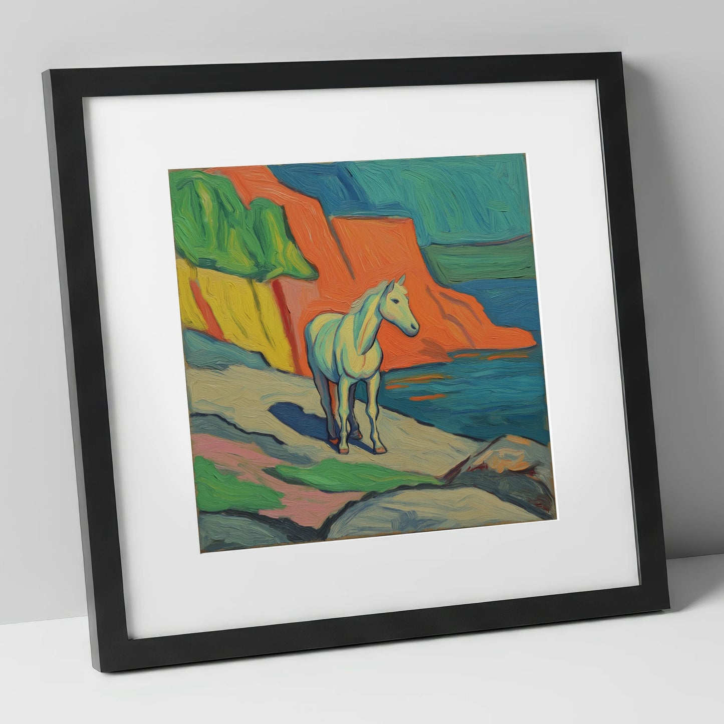 Vibrant Coastal Grey horse landscape art print in black frame