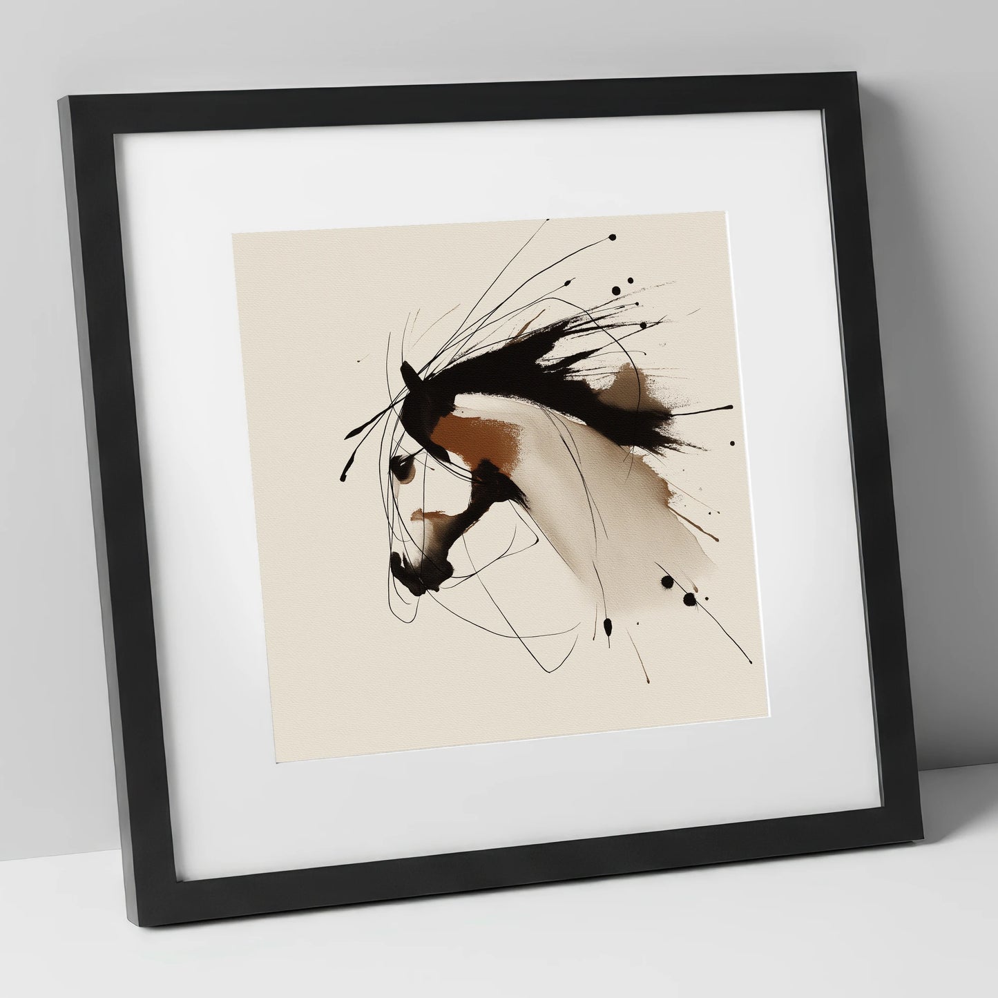 Ink Wash Equine Profile horse portrait art print in black frame