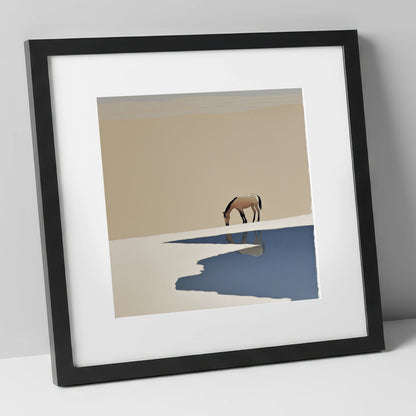 Solitary Reflection horse landscape art print in black frame