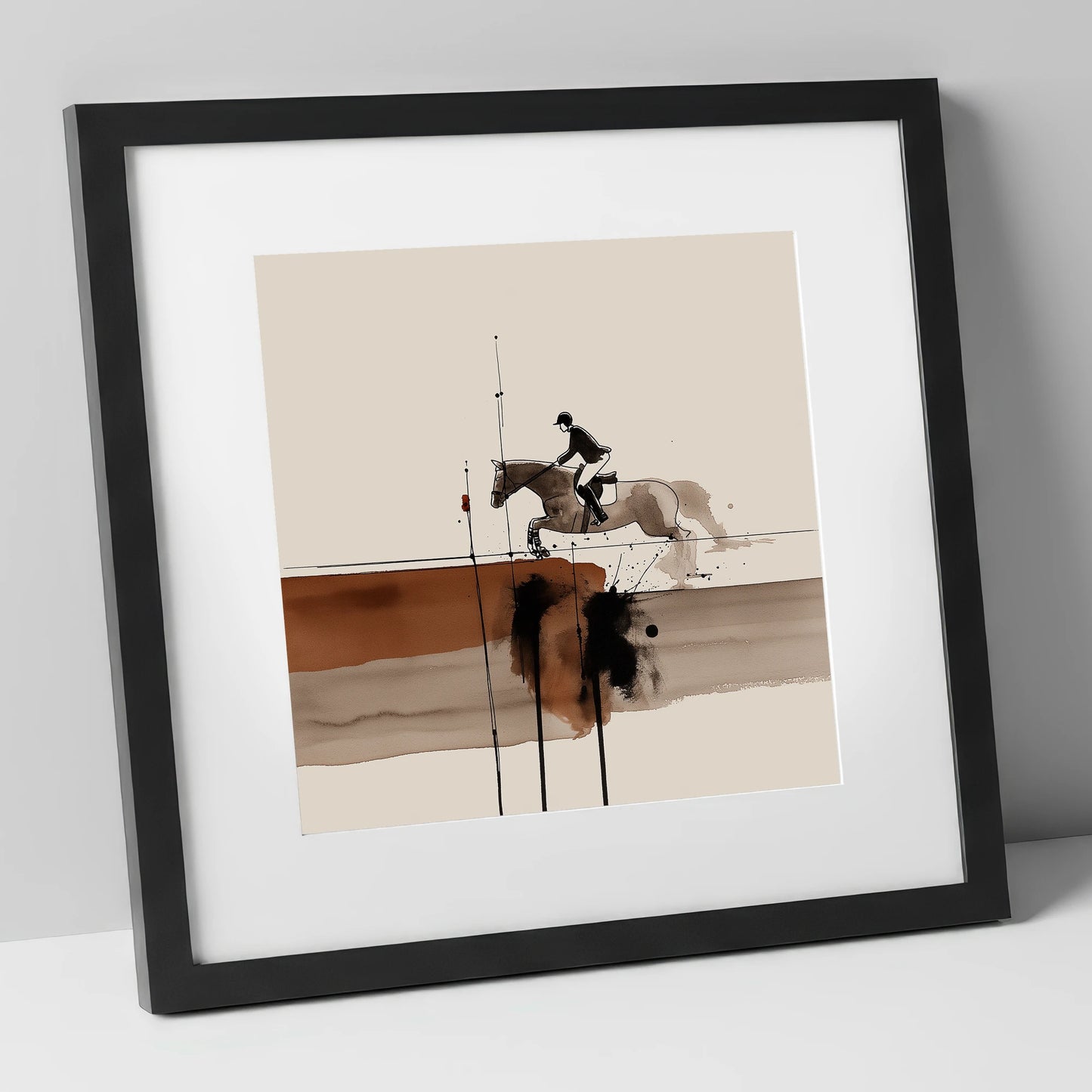 Airborne in Sepia show jumping horse art print in black frame