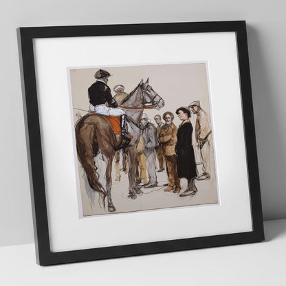 The Paddock Assembly racing horse art print in black frame