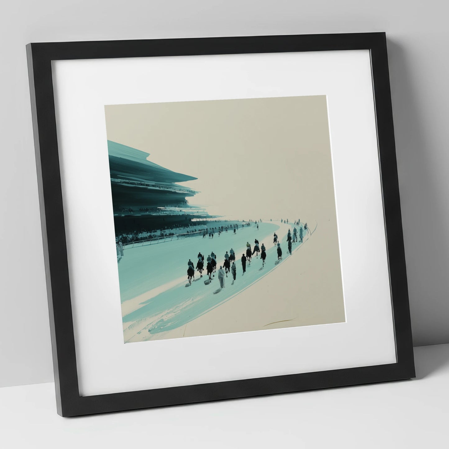 The Final Curve racing horse art print in black frame