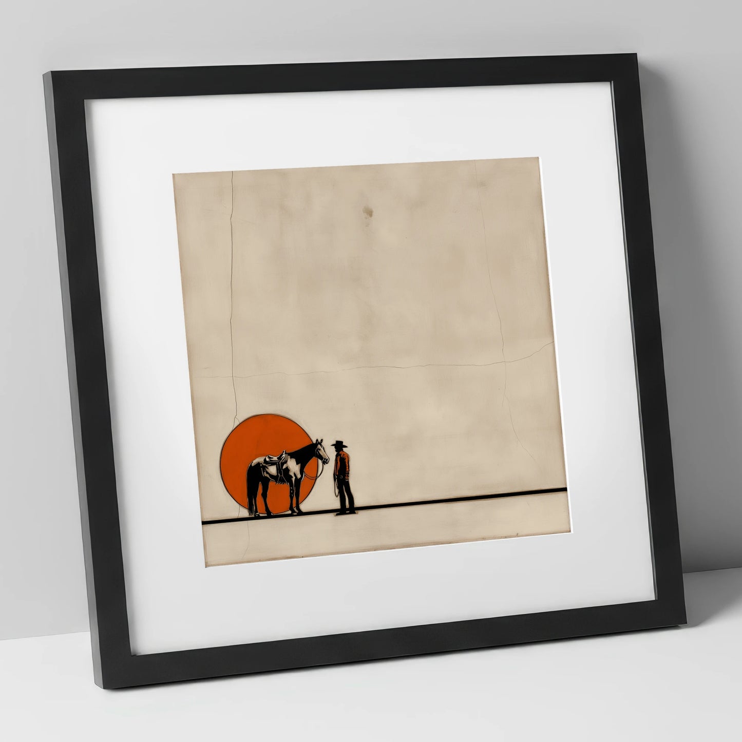 Frontier Sun Silhouette western horse art print in black frame