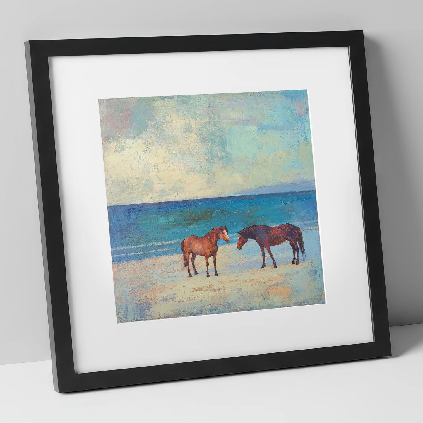 Shoreline Companions horse landscape art print in black frame