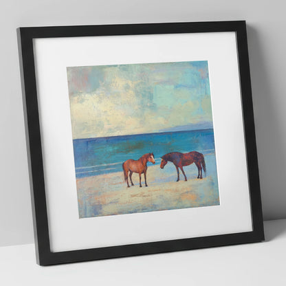 Shoreline Companions horse landscape art print in black frame