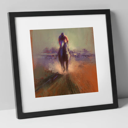 The Final Furlong racing horse art print in black frame