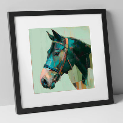The Midnight Bridle horse portrait art print in black frame