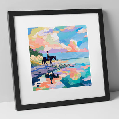 Technicolour Tide beach horse art print in black frame