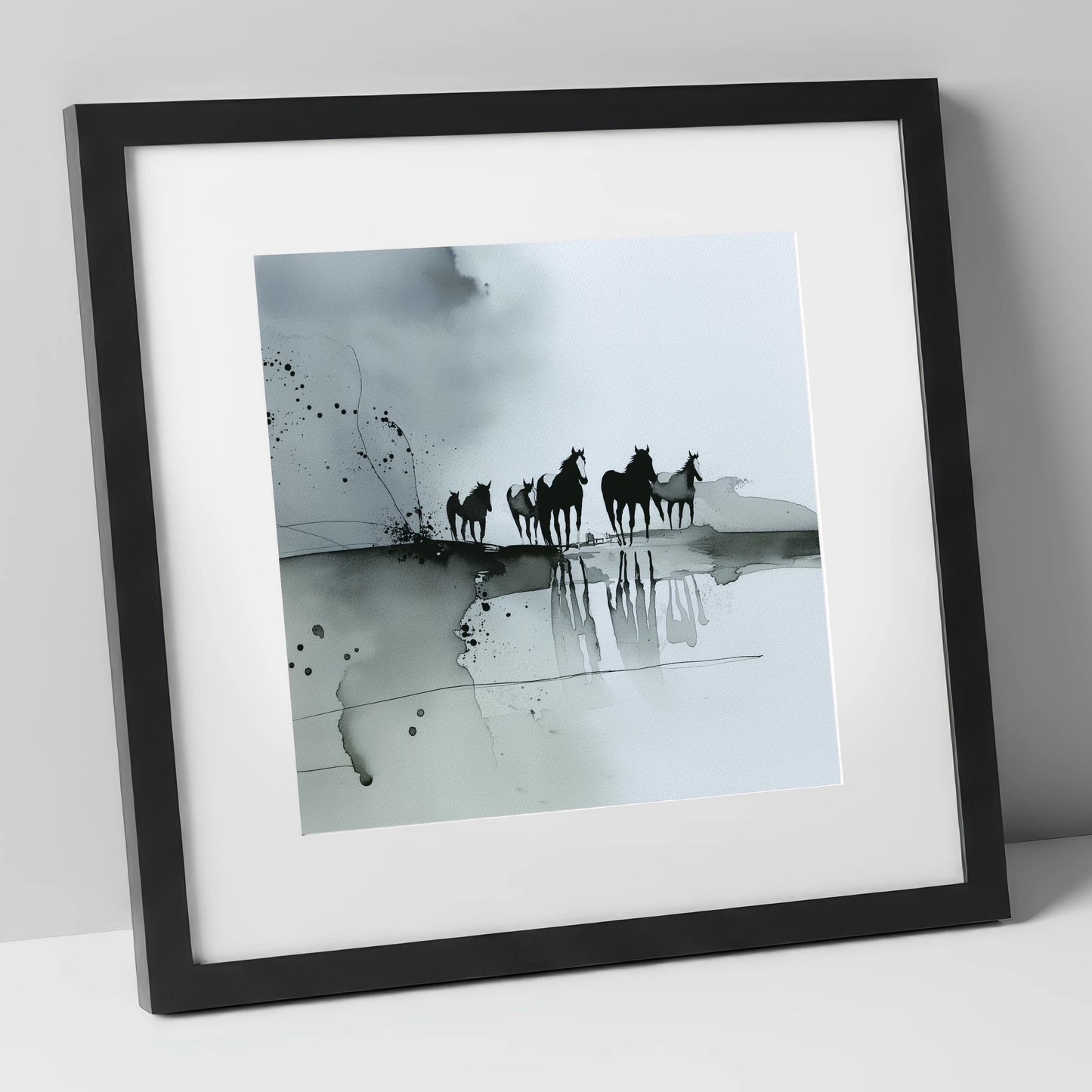 Reflections of the Wild Herd wild horses art print in black frame