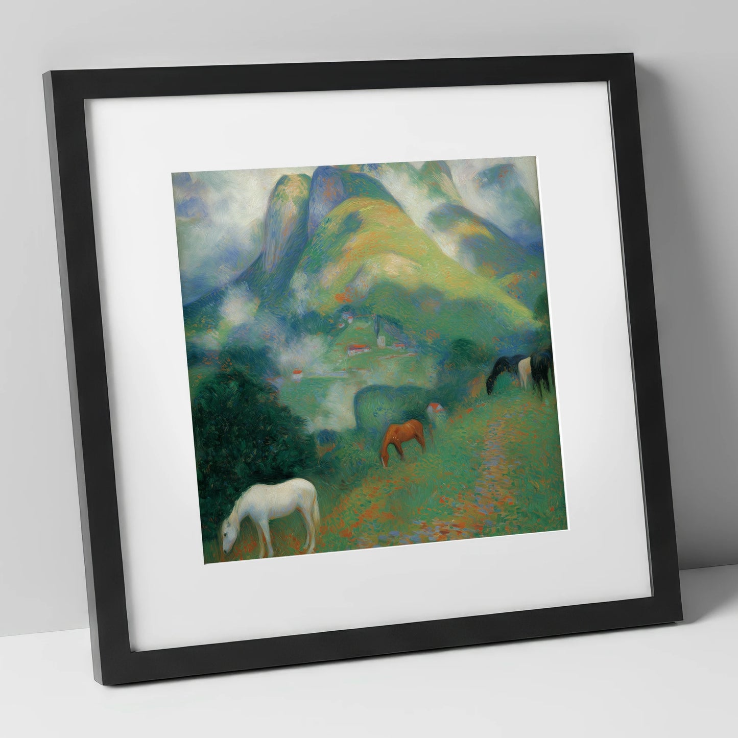 Luminous Alpine Valley horse landscape art print in black frame