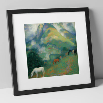 Luminous Alpine Valley horse landscape art print in black frame