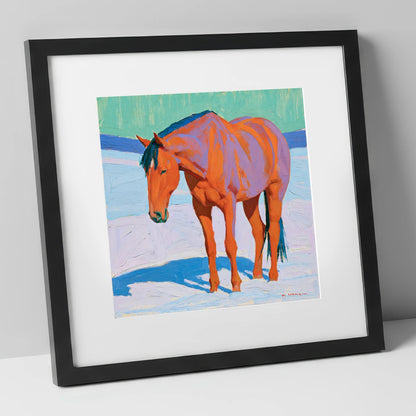 Vivid Chestnut Horse in Snow horse breed art print in black frame