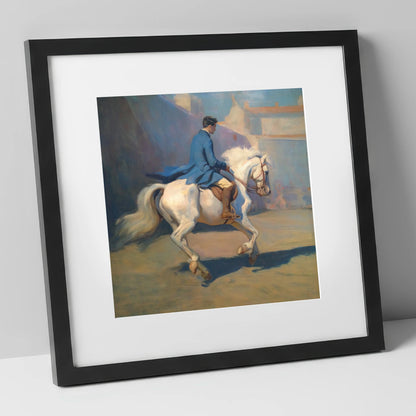 Grace in Blue and Grey dressage horse art print in black frame