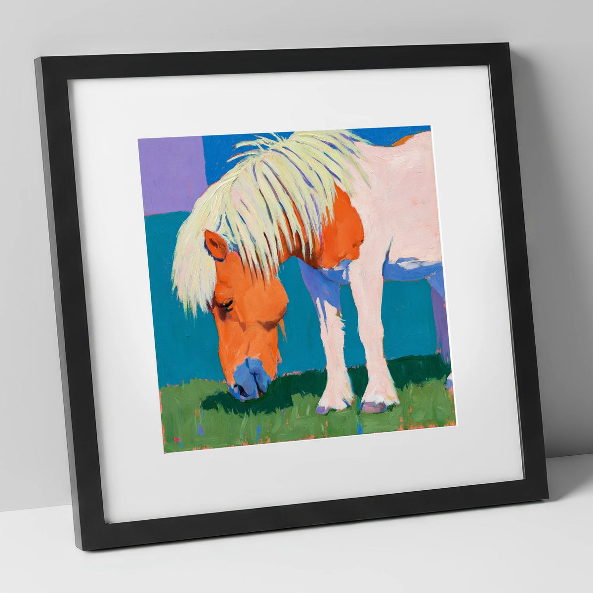Vibrant Grazing Shetland Pony horse breed art print in black frame