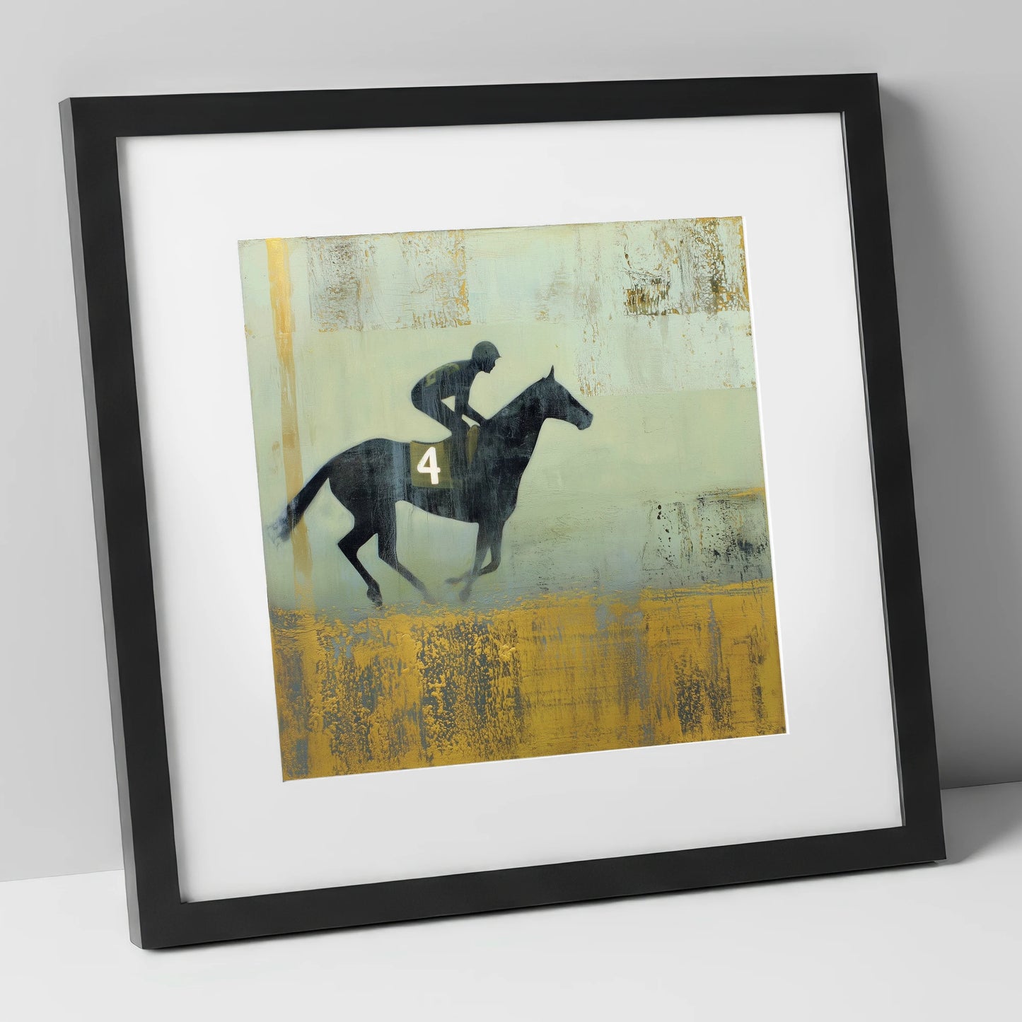 Gilded Number Four racing horse art print in black frame