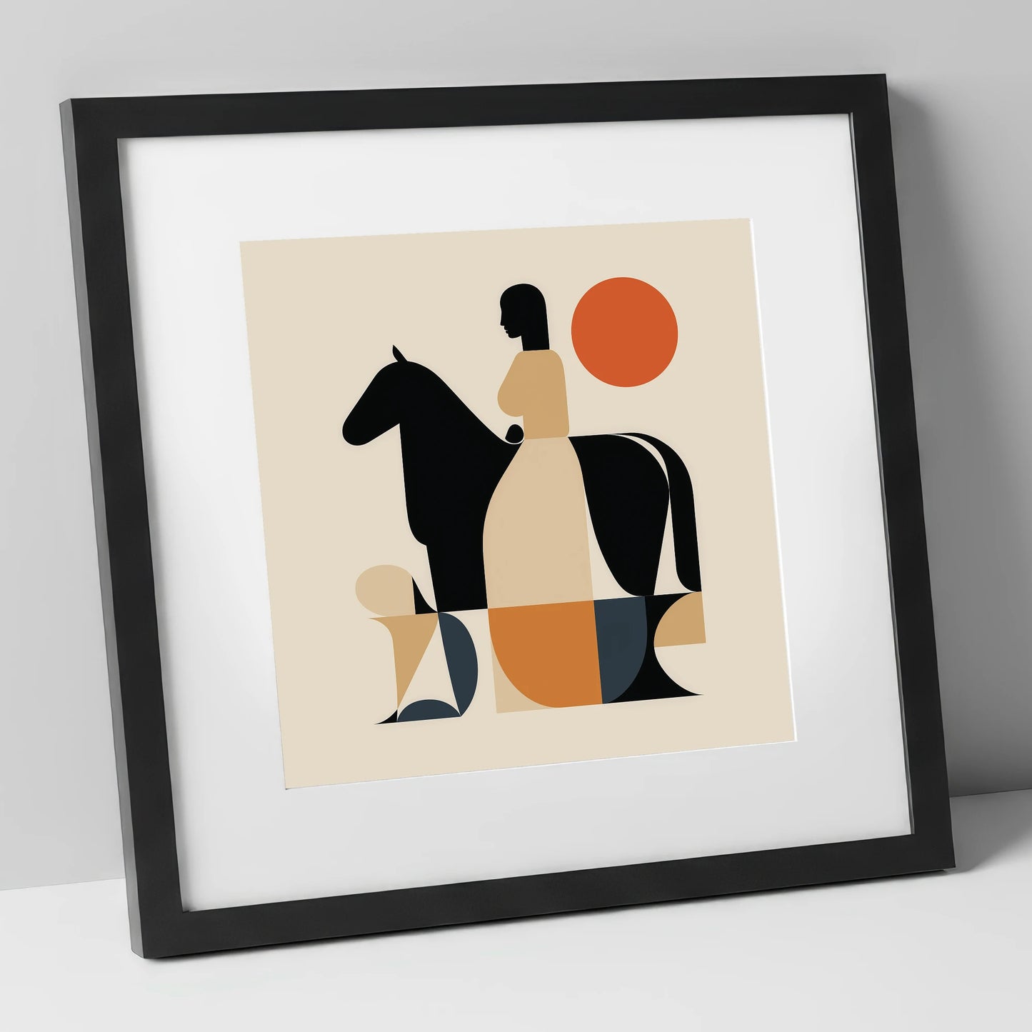Harmony in Silhouette horse & rider art print in black frame