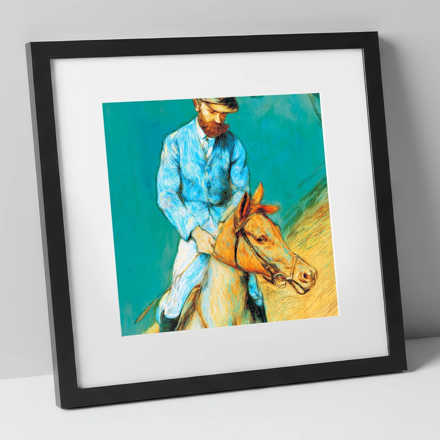 The Cerulean Rider racing horse art print in black frame