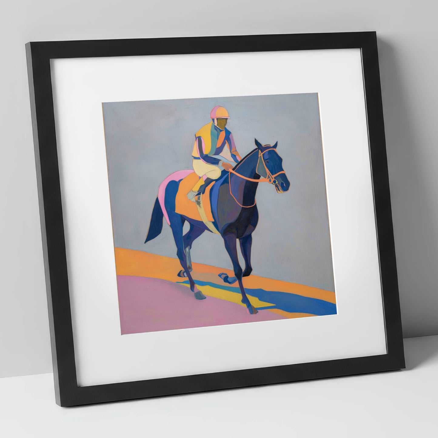 Colours To The Post racing horse art print in black frame