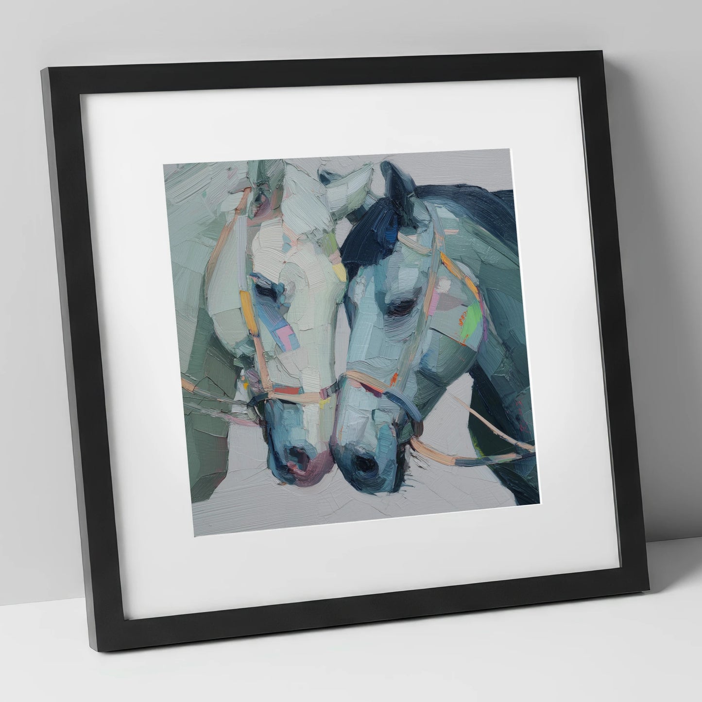 A Quiet Connection horse portrait art print in black frame