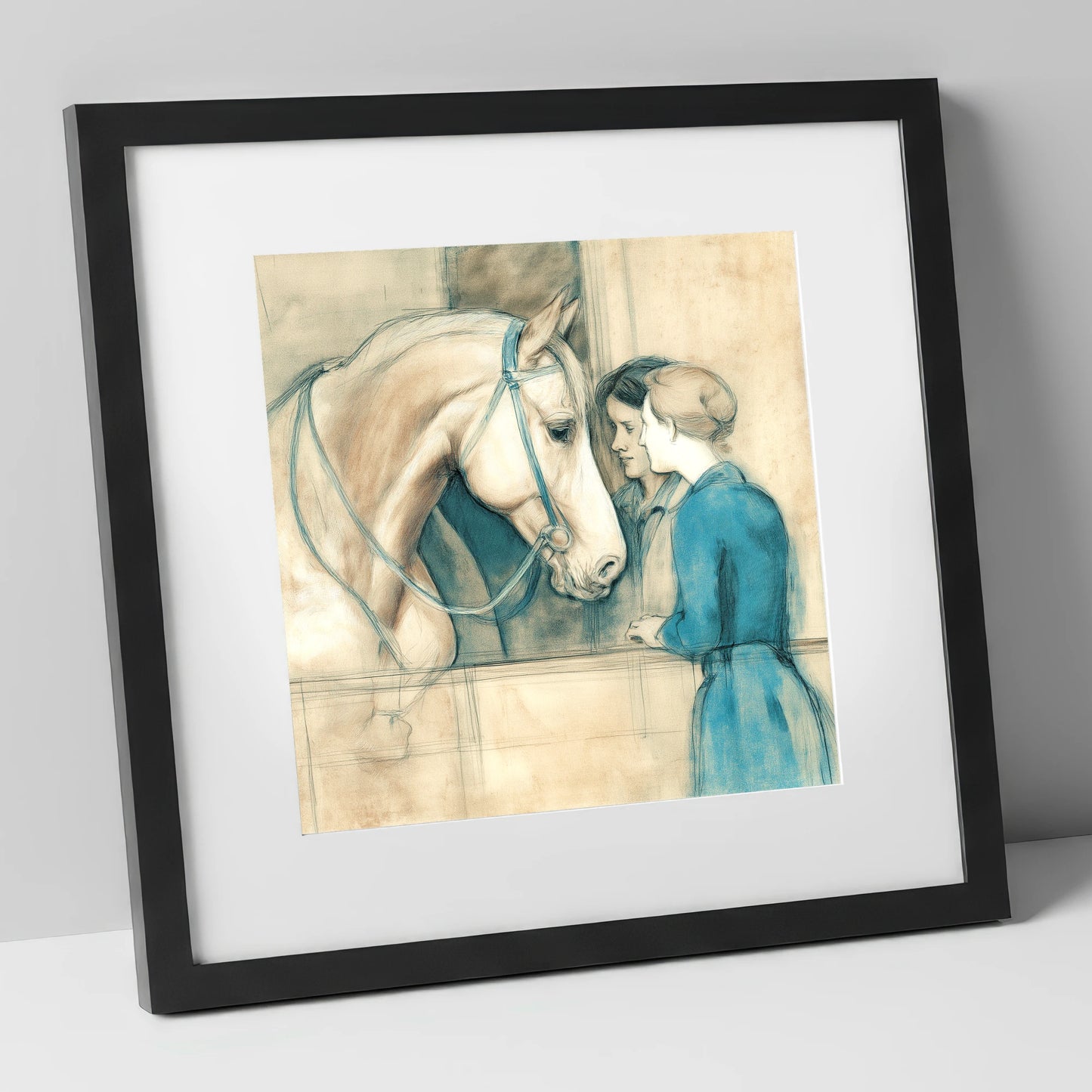 A Gentle Exchange horse & rider art print in black frame