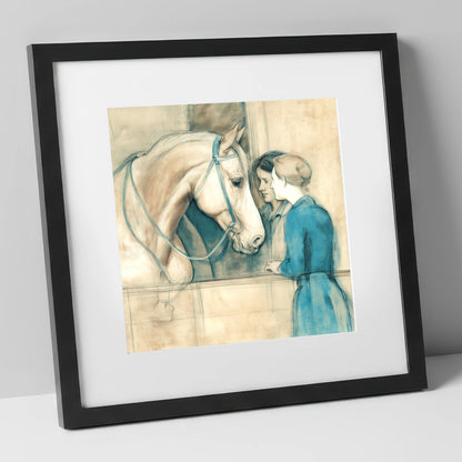 A Gentle Exchange horse & rider art print in black frame